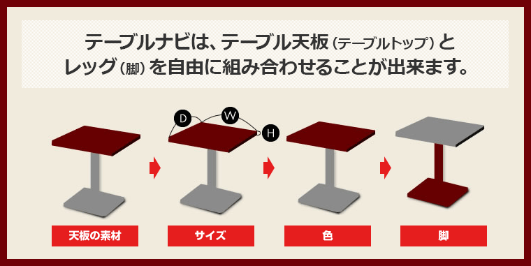 テーブルレッグショップは、テーブル天板（テーブルトップ）とレッグ（脚）を自由に組み合わせることが出来ます。